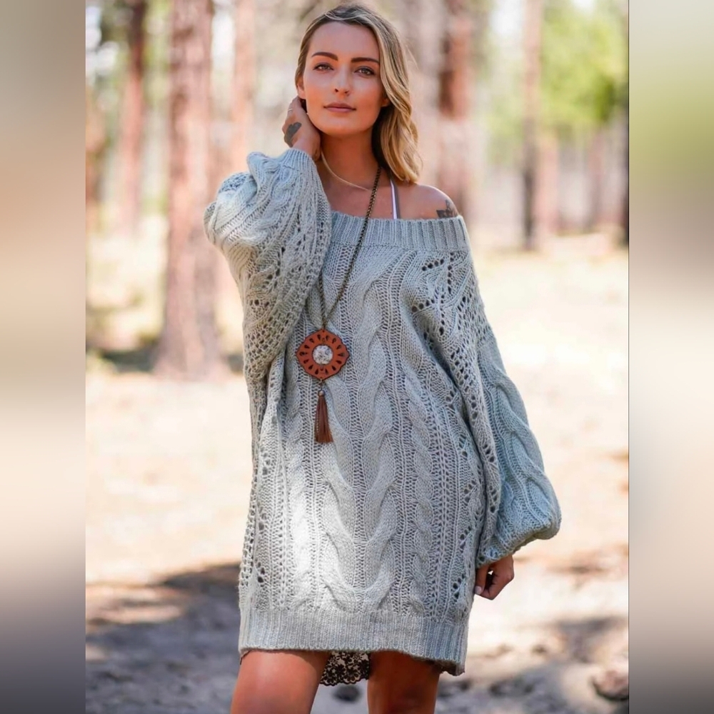 Three Bird Nest Light Gray Off-Shoulder Cable Knit Sweater Dress